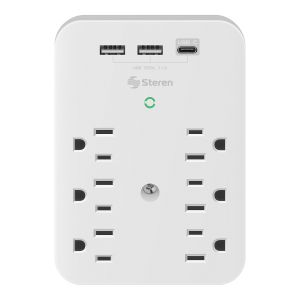 Clavija adaptadora de 6 contactos polarizados y triple cargador USB